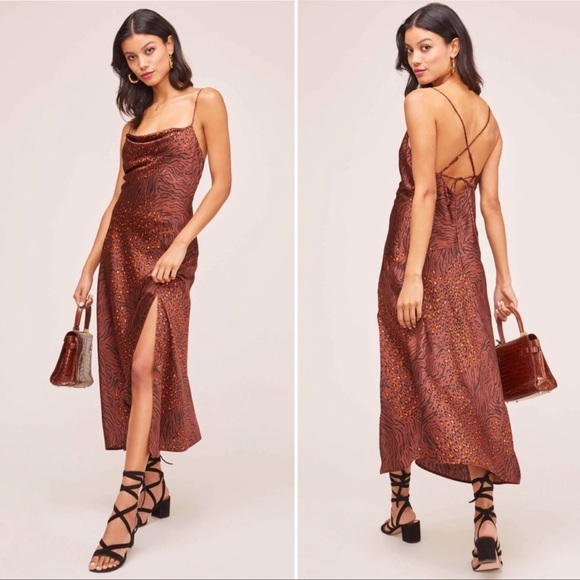 Astr Dresses & Skirts - ASTR Gaia Animal Print Sleeveless Satin Cowl Neck Midi Slip Dress